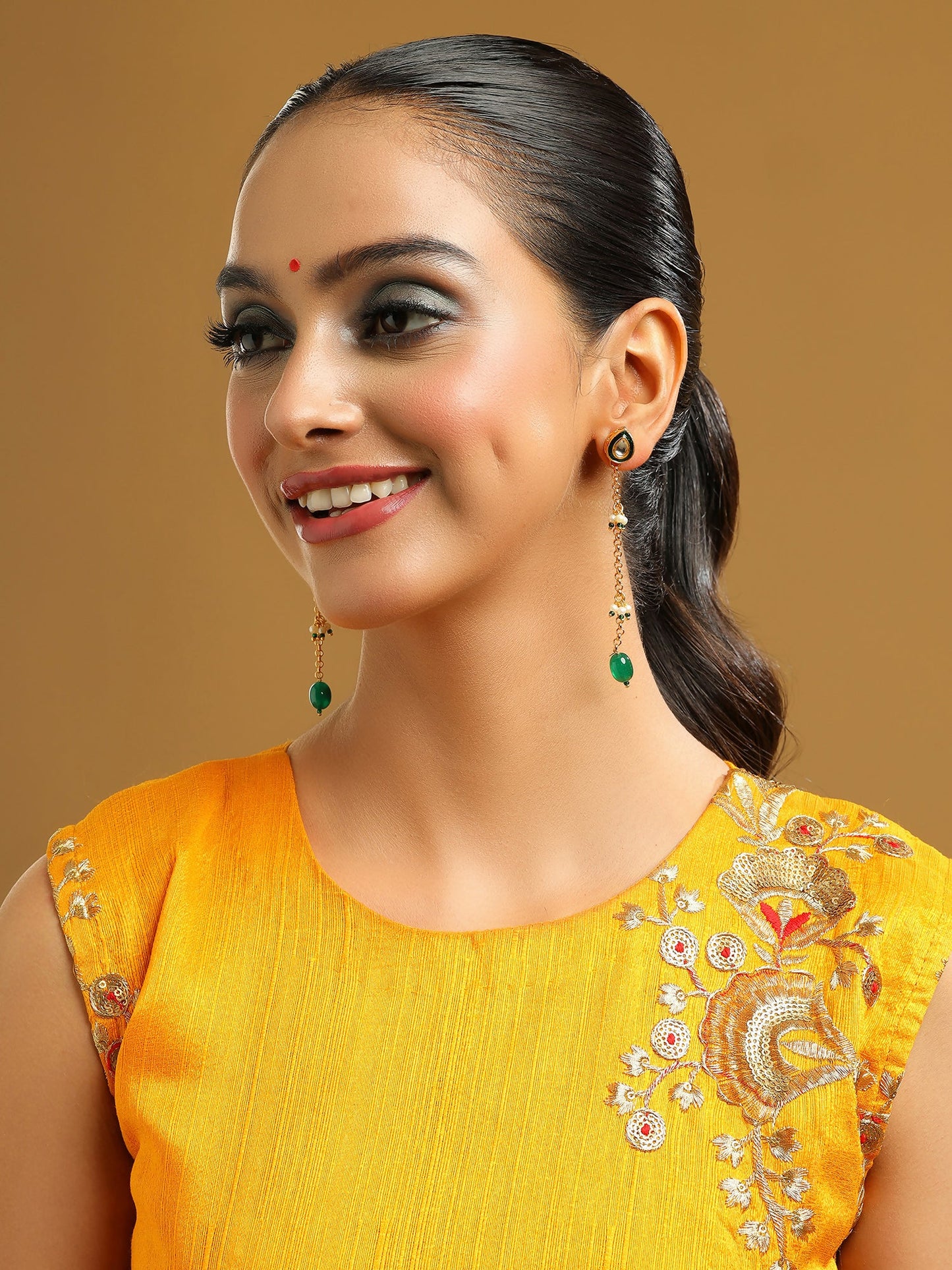 Ruby Raang Green Long Kundan Dangler Earrings