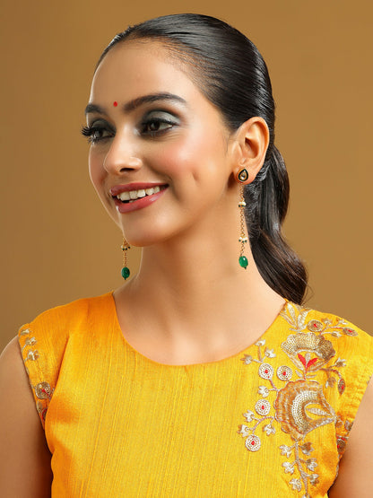 Ruby Raang Green Long Kundan Dangler Earrings