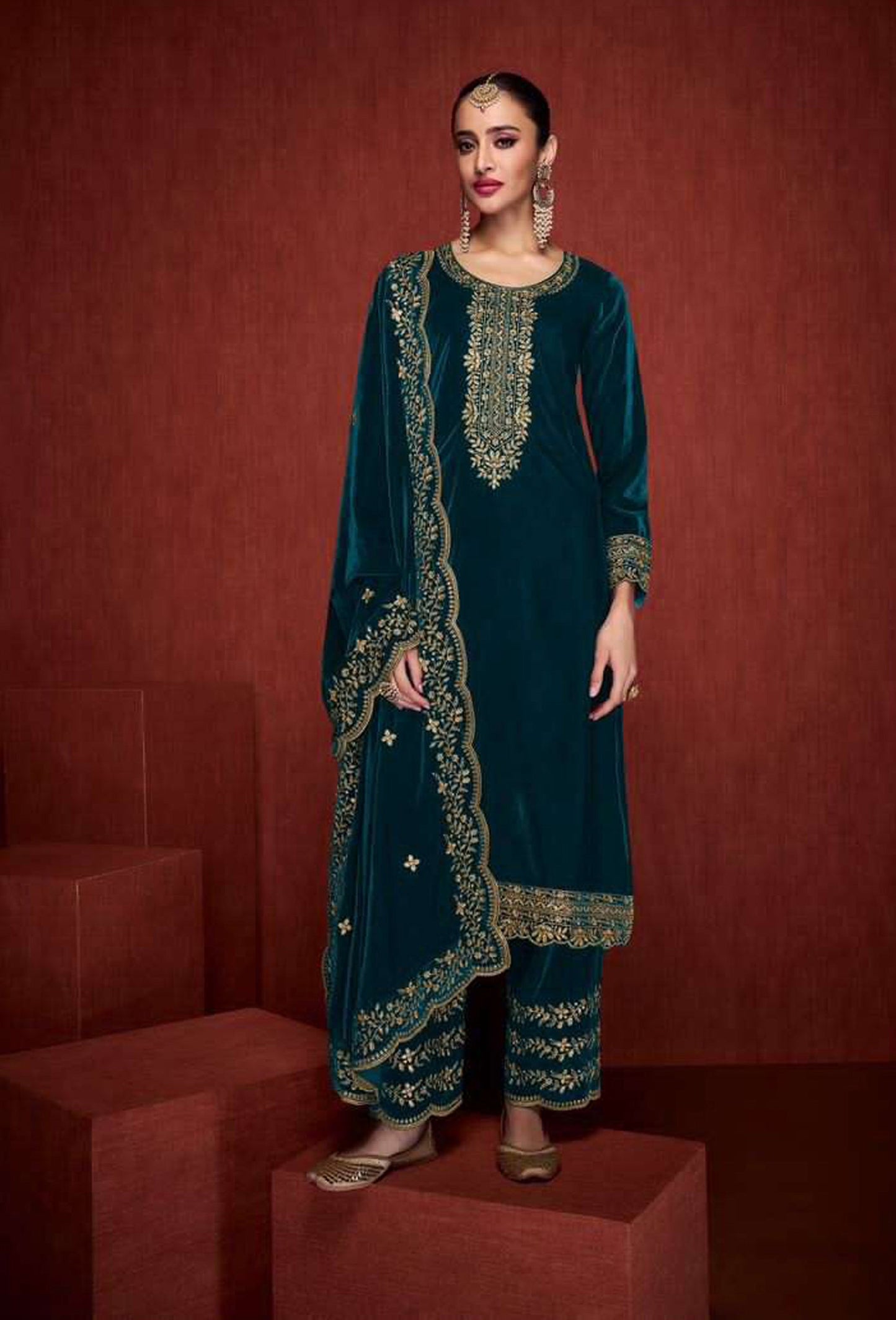 Lorenvalley Fashion Women Rama Velvet Embroidered Salwar Suit Material