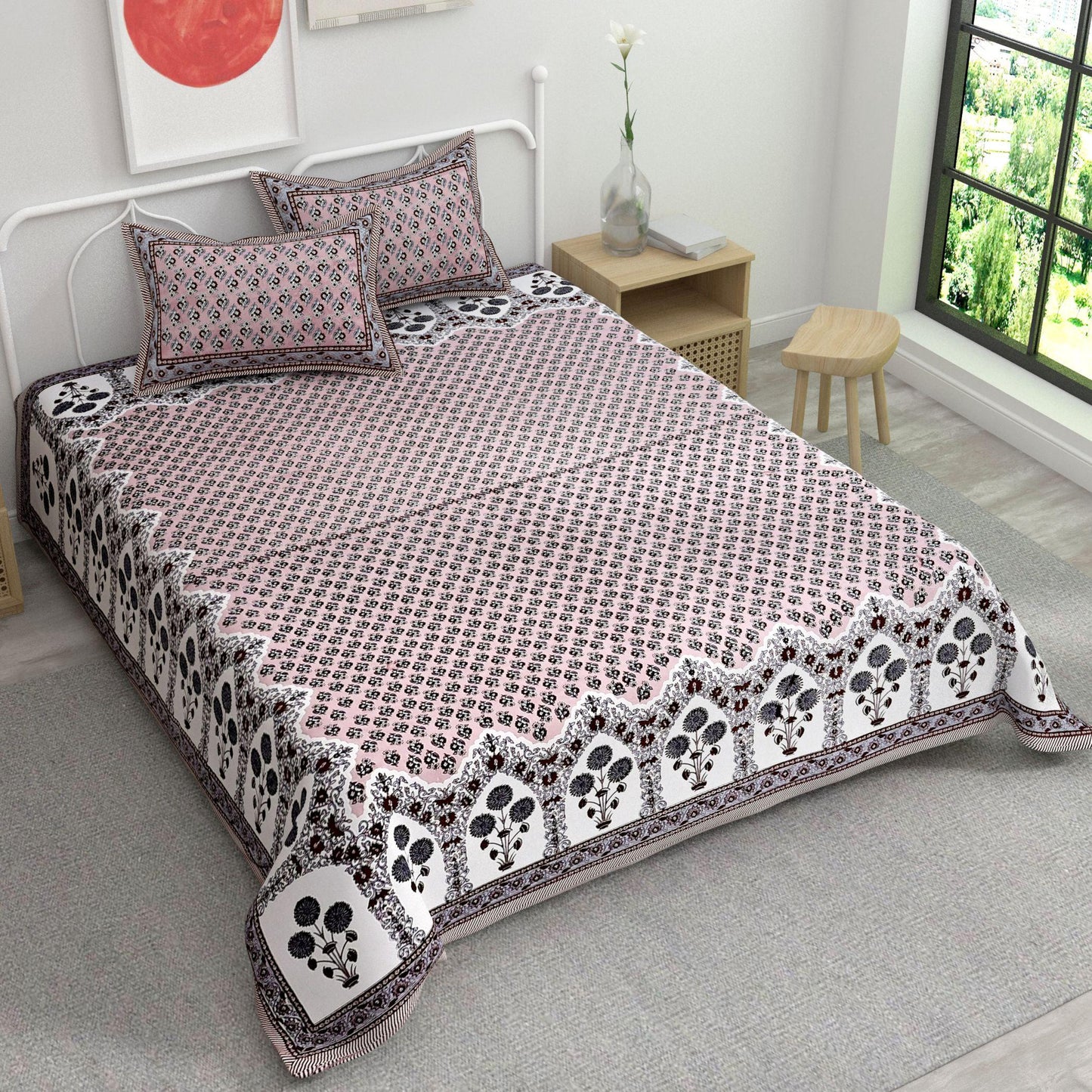 Brown Ethnic Motifs Cotton 220 TC Bedsheet With 2 Zipper Pillow Covers - King Size by House of Ree