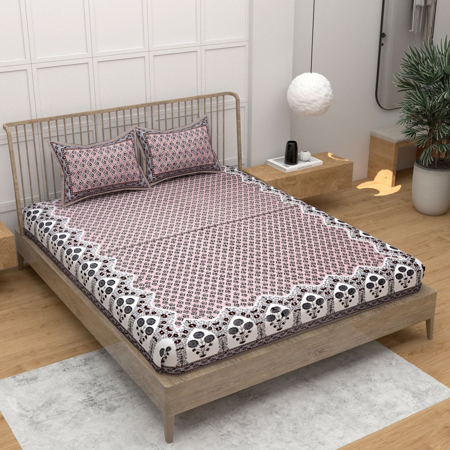 Brown Ethnic Motifs Cotton 220 TC Bedsheet With 2 Zipper Pillow Covers - King Size by House of Ree