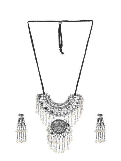 Cardinal Silver-Toned Mirror Studded & Beaded Oxidised Choker Jewellery Set