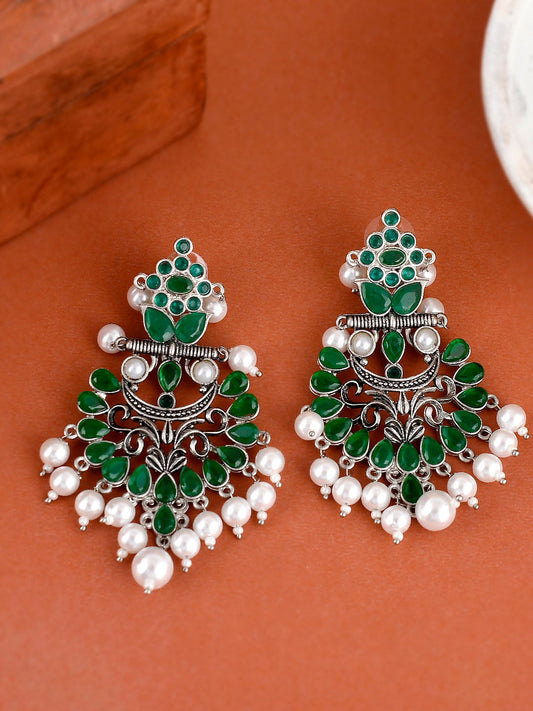 Shoshaa Silver-Plated Green Handcrafted Drop Earrings With Pearl