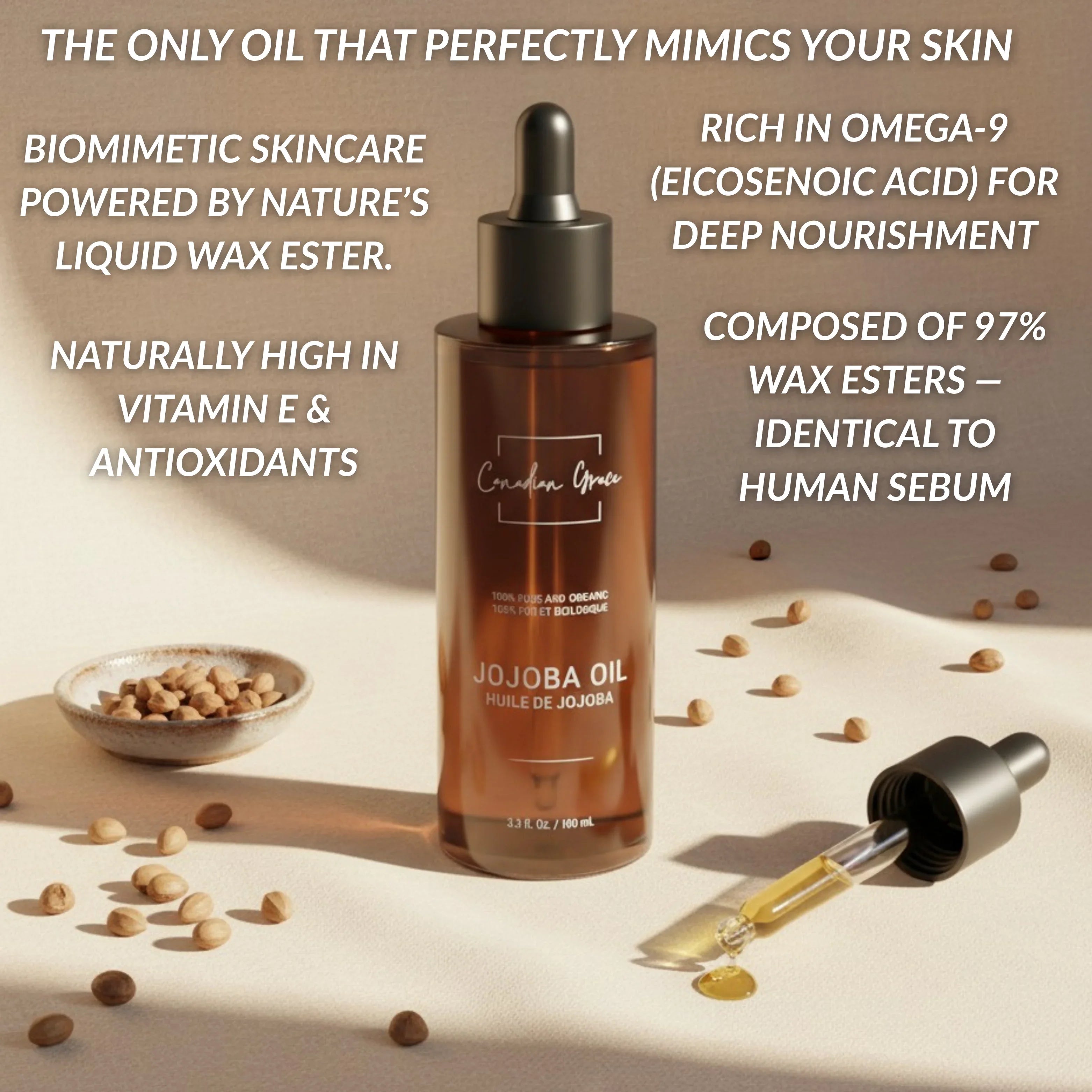 Canadian Grace 100% Organic Jojoba Oil – Cold-Pressed, Pure & Premium for Skin Hydration & Healthier, Fuller-Looking Hair