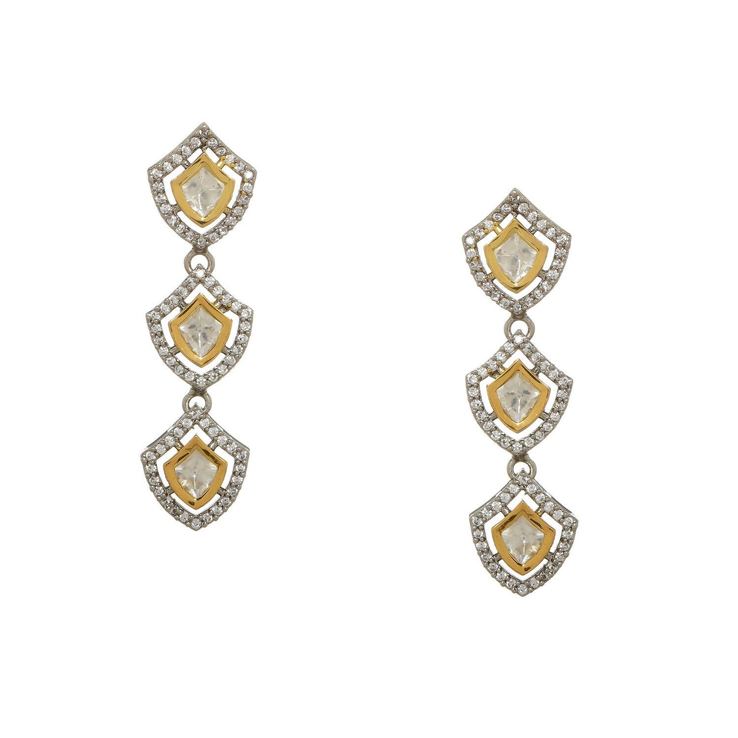 3 Tier Kundan and Diamond Earrings (Silver) - Ruby Raang