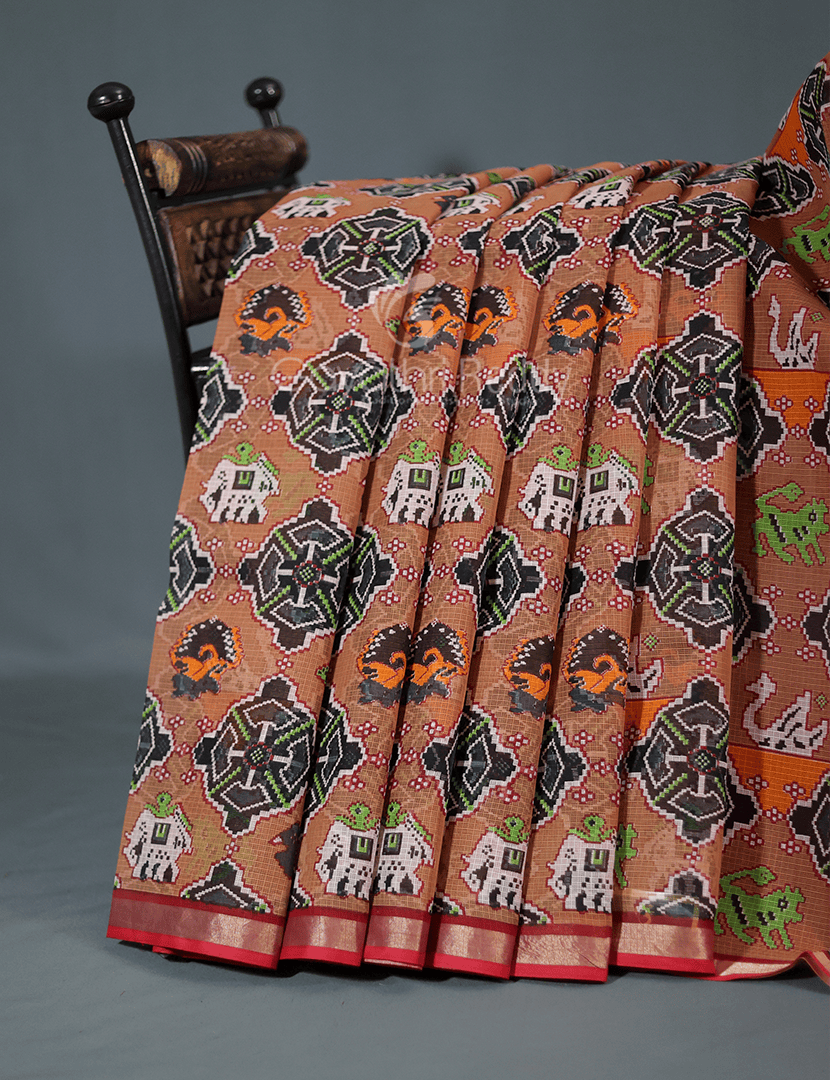 Shades of Light Chikoo Colour With Patola Design Pure Kota Cotton Saree By Gayathri Reddy Designer Studio