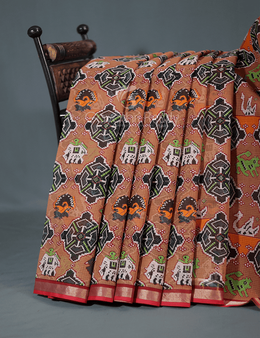 Shades of Light Chikoo Colour With Patola Design Pure Kota Cotton Saree By Gayathri Reddy Designer Studio