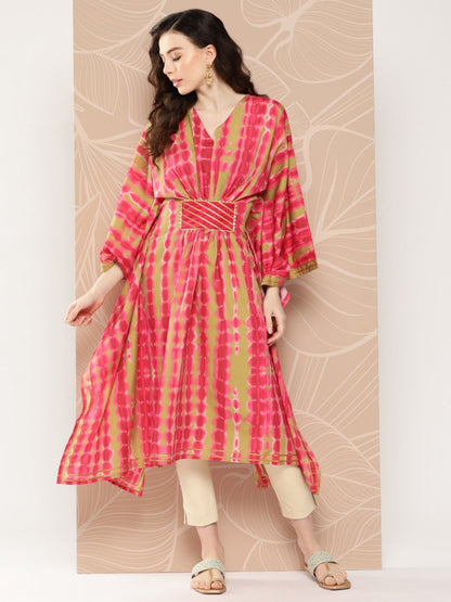 Ahalyaa Women Printed Flared Sleeves Gotta Patti Belted Detail Crepe Kaftan Kurta