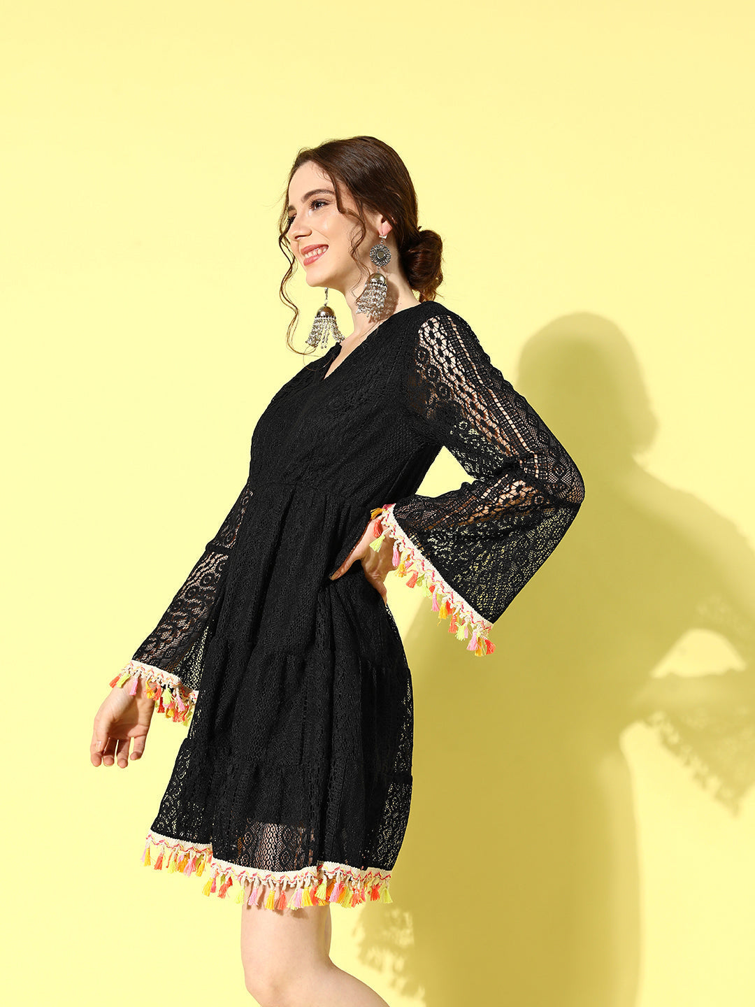 InWeave Women's Black Lacy Dress With Tassles