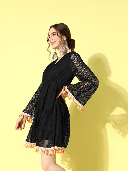 InWeave Women's Black Lacy Dress With Tassles