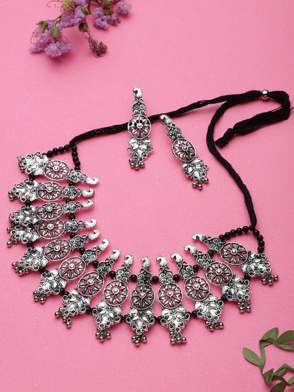 Cardinal Oxidised Silver-Plated Stone-Studded & Beaded Jewellery Set