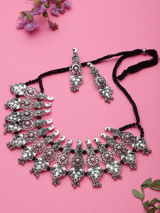 Cardinal Oxidised Silver-Plated Stone-Studded & Beaded Jewellery Set