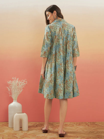 InWeave Women's Dull Green Leaf Floral Print Flared Dress