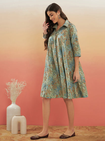 InWeave Women's Dull Green Leaf Floral Print Flared Dress