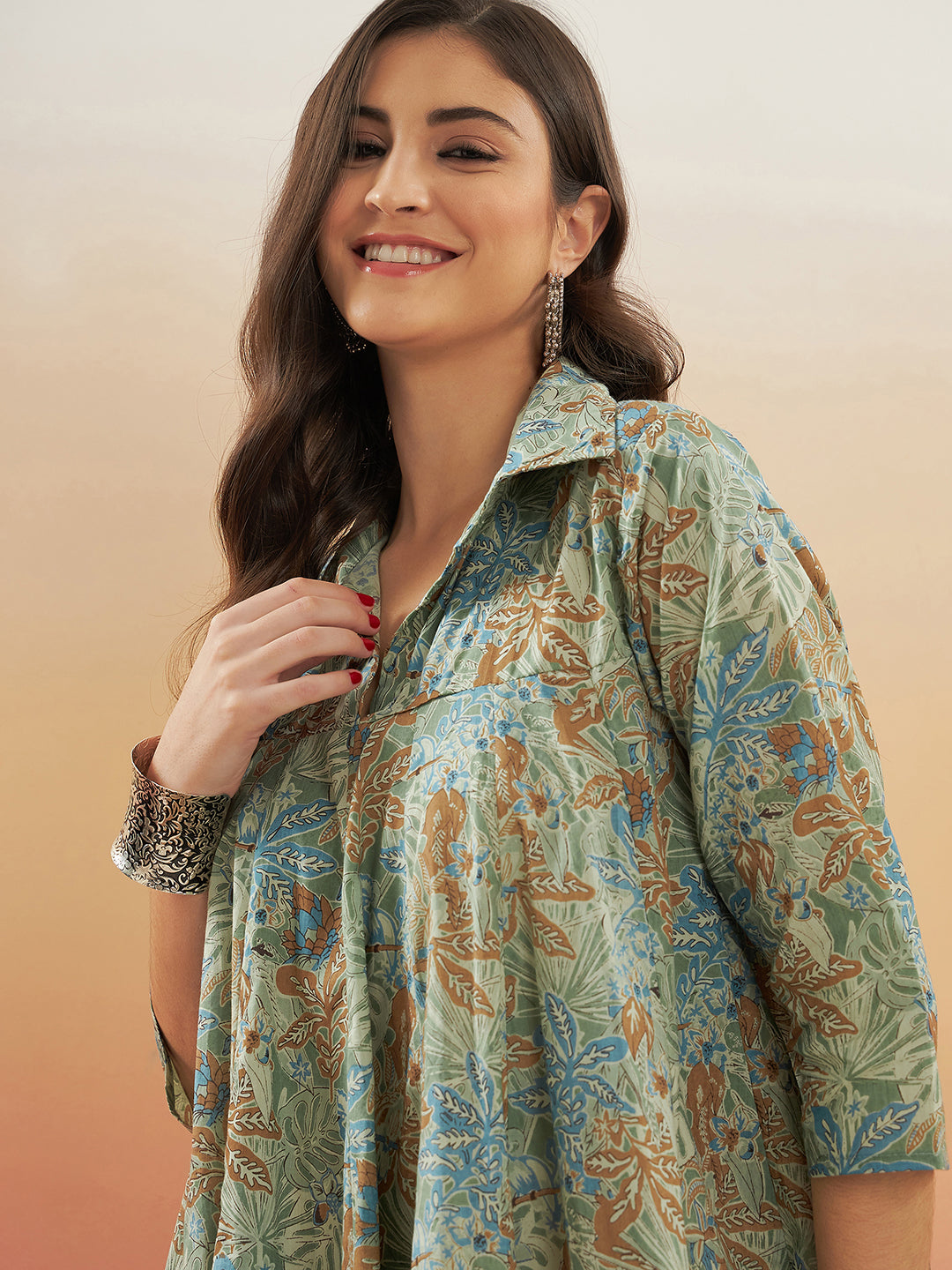 InWeave Women's Dull Green Leaf Floral Print Flared Dress