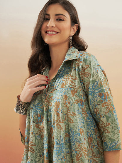 InWeave Women's Dull Green Leaf Floral Print Flared Dress