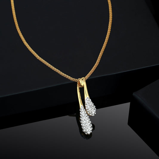 Estele Gold-Polished White Crystals Adorned Twin Droplet Designer Pendant Necklace with Chain for Women/Girls