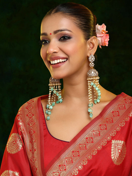 Ruby Raang 22k Gold Polished Diamond And Stone Jhumka Earrings