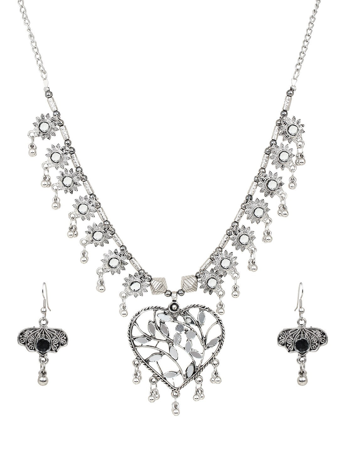Cardinal Women Silver-Toned Oxidised Stone Studded & Beaded Heart Shaped Jewellery Set