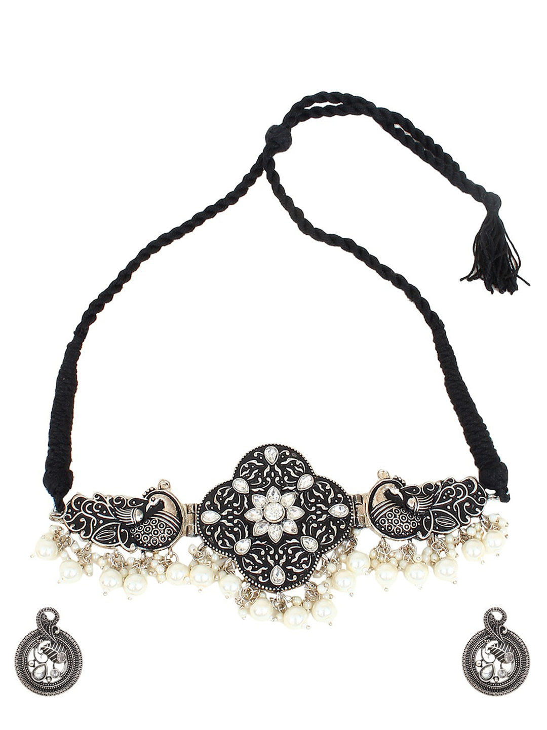 Cardinal Silver-Toned Black Colored Oxidized Choker Jewellery Set