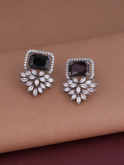 Shoshaa Silver-Plated & Black CZ Studded Contemporary Drop Earrings