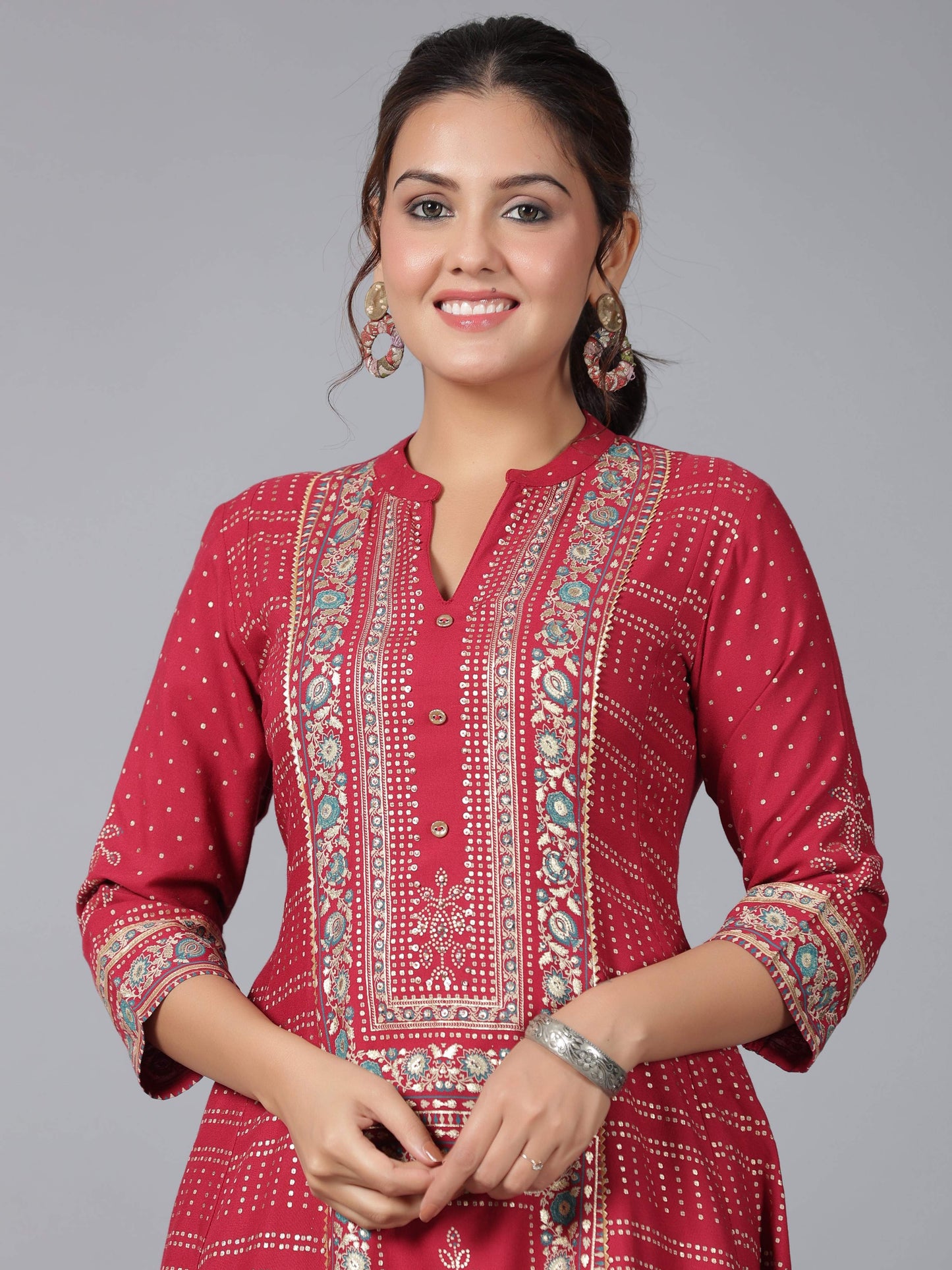 Juniper Women Maroon Rayon Foil Printed High-Low Tunic
