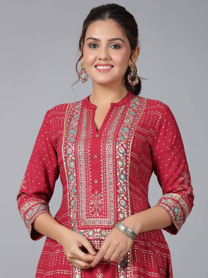 Juniper Women Maroon Rayon Foil Printed High-Low Tunic
