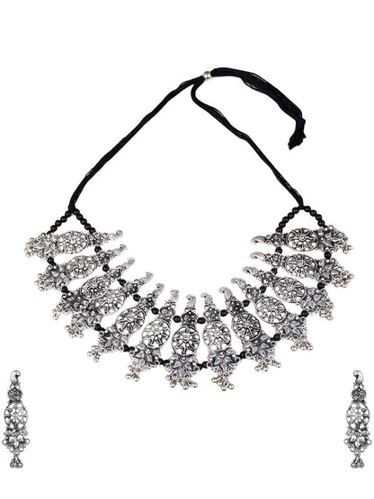 Cardinal Oxidised Silver-Plated Stone-Studded & Beaded Jewellery Set