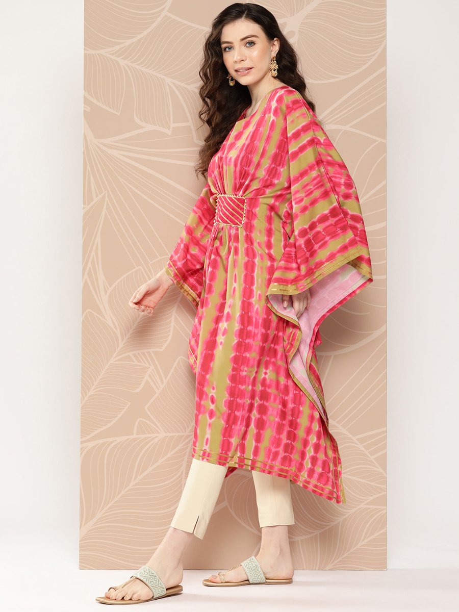 Ahalyaa Women Printed Flared Sleeves Gotta Patti Belted Detail Crepe Kaftan Kurta