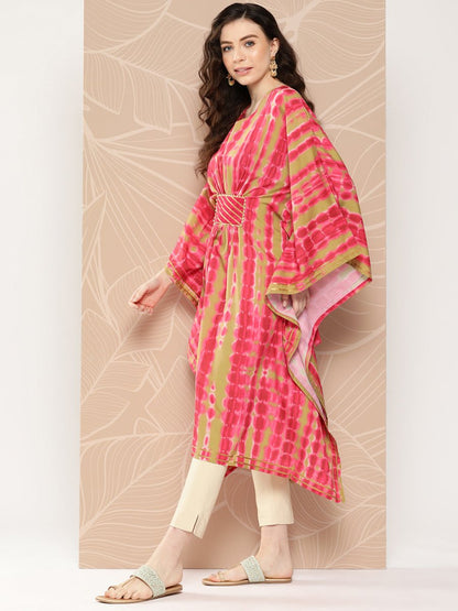 Ahalyaa Women Printed Flared Sleeves Gotta Patti Belted Detail Crepe Kaftan Kurta