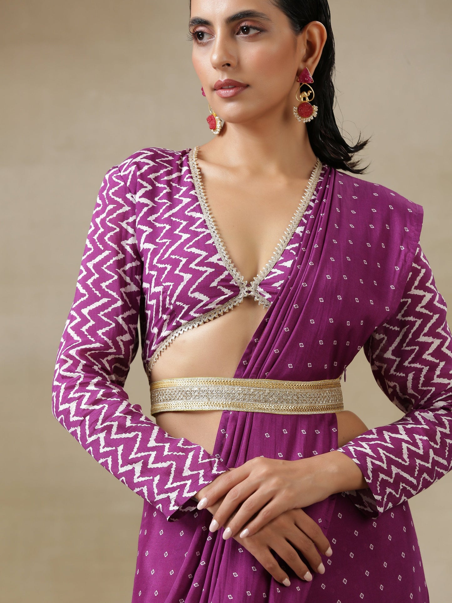 trueBrowns Purple Bandhani Printed Silk Full Sleeve Blouse