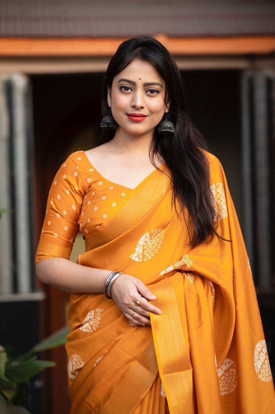 Mustard Cotton Crepe Batik Print Saree with Unstitched Blouse - Hiral Fashion