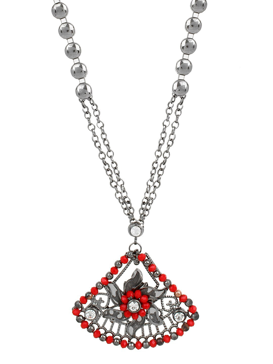 Cardinal Women Oxidised Silver-Plated Red Stone Studded & Beaded Jewellery Set