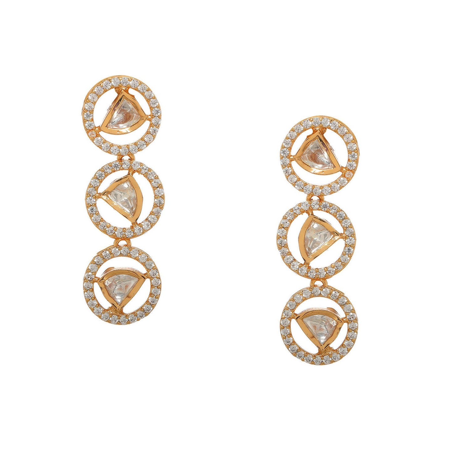 3 Tier Round Diamond and Kundan Earrings (Gold) - Ruby Raang