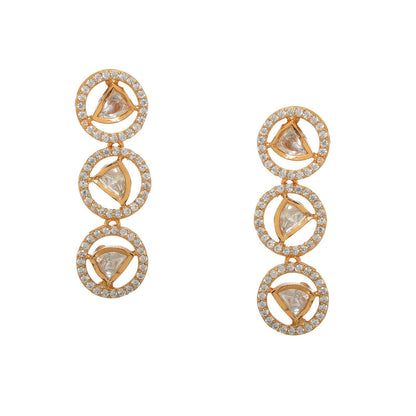3 Tier Round Diamond and Kundan Earrings (Gold) - Ruby Raang