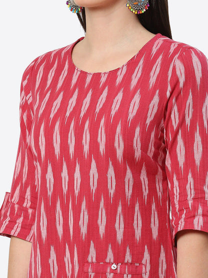 Biba Woven Design Ikat Roll Up Sleeves A-Line Pure Cotton Kurta