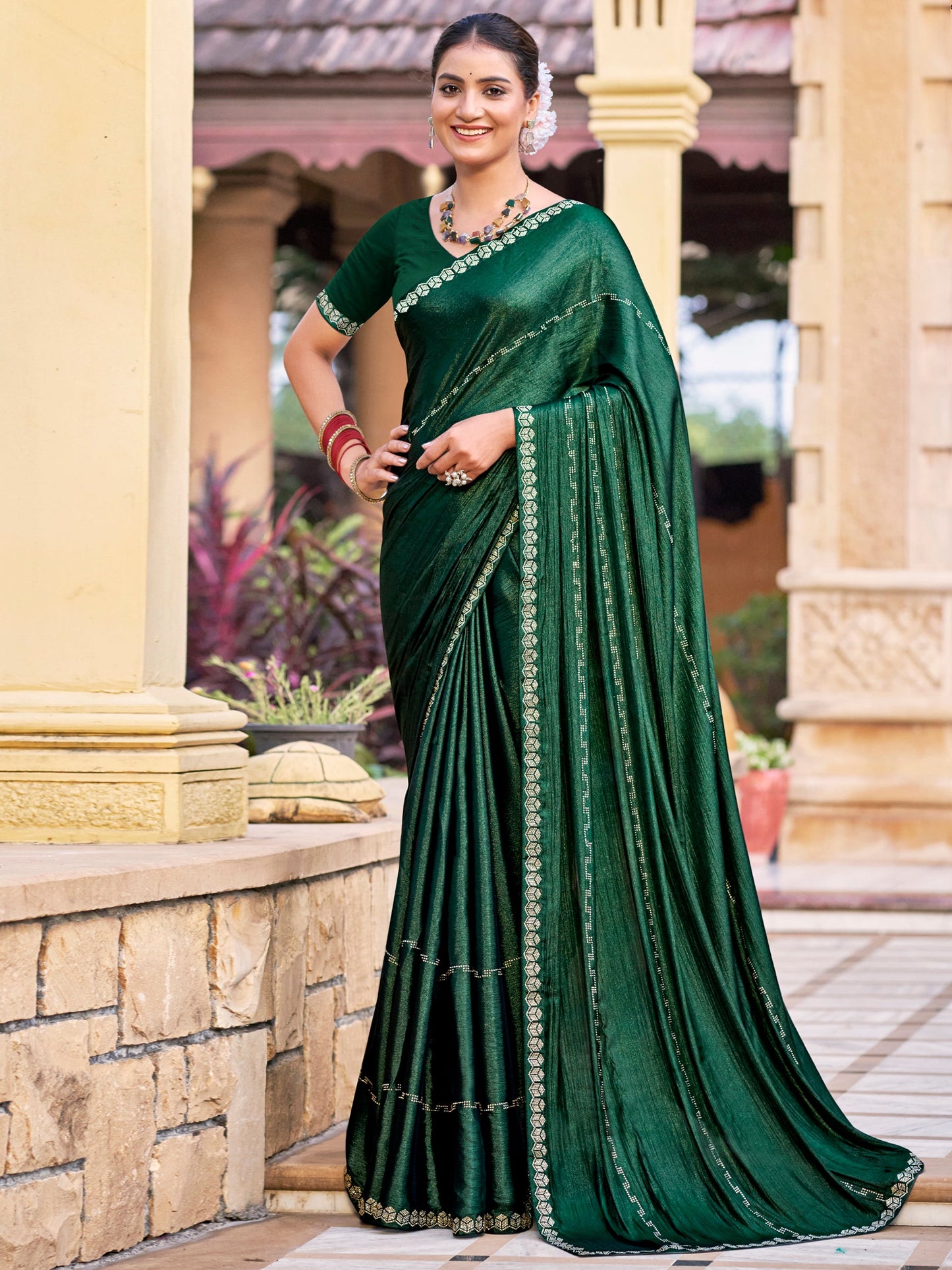 Stylee Lifestyle Green Shimmer Chiffon Embellished Saree