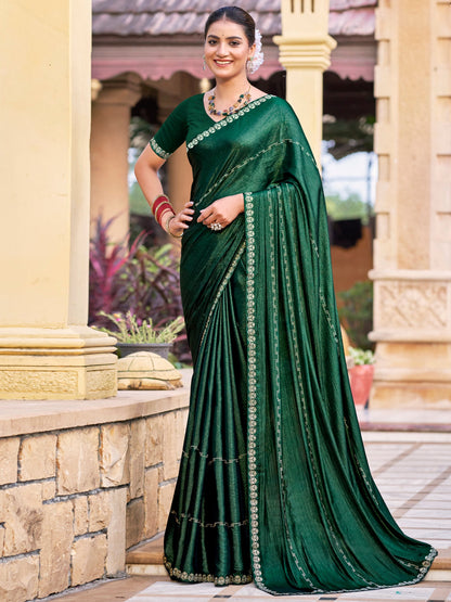 Stylee Lifestyle Green Shimmer Chiffon Embellished Saree
