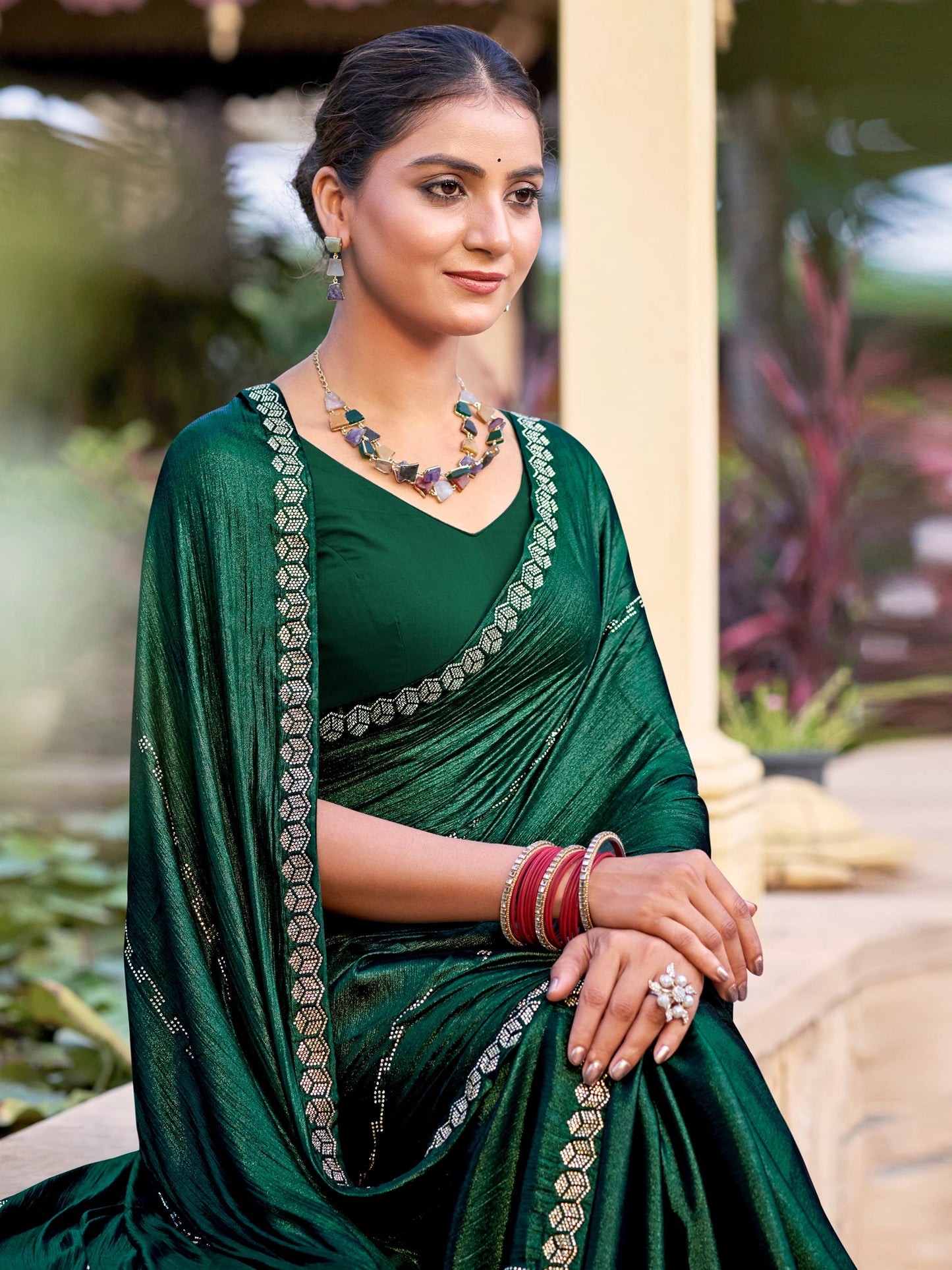 Stylee Lifestyle Green Shimmer Chiffon Embellished Saree