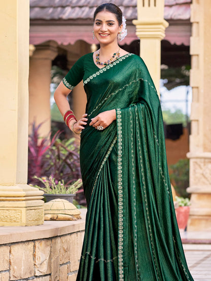 Stylee Lifestyle Green Shimmer Chiffon Embellished Saree