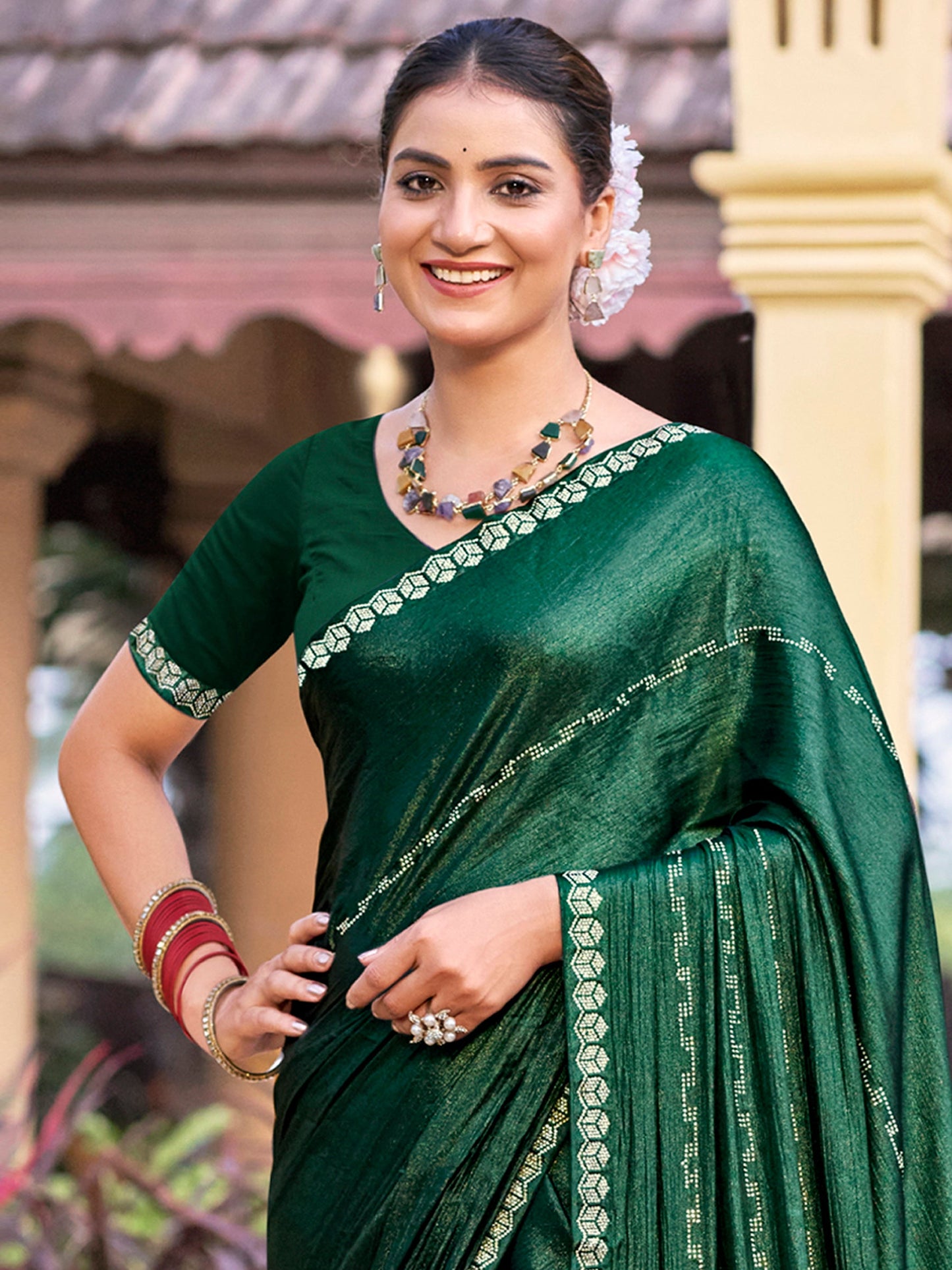 Stylee Lifestyle Green Shimmer Chiffon Embellished Saree