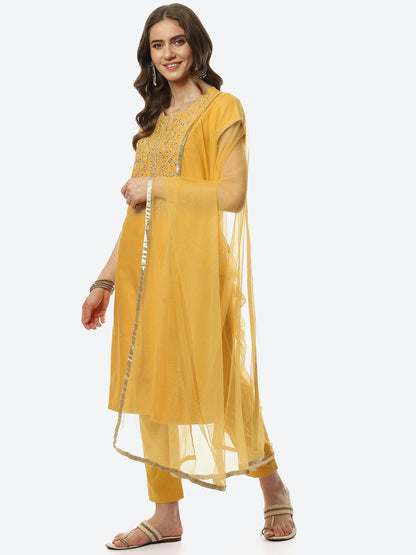 Biba Women Mustard Yellow Floral Embroidered Kurta with Trousers & With Dupatta