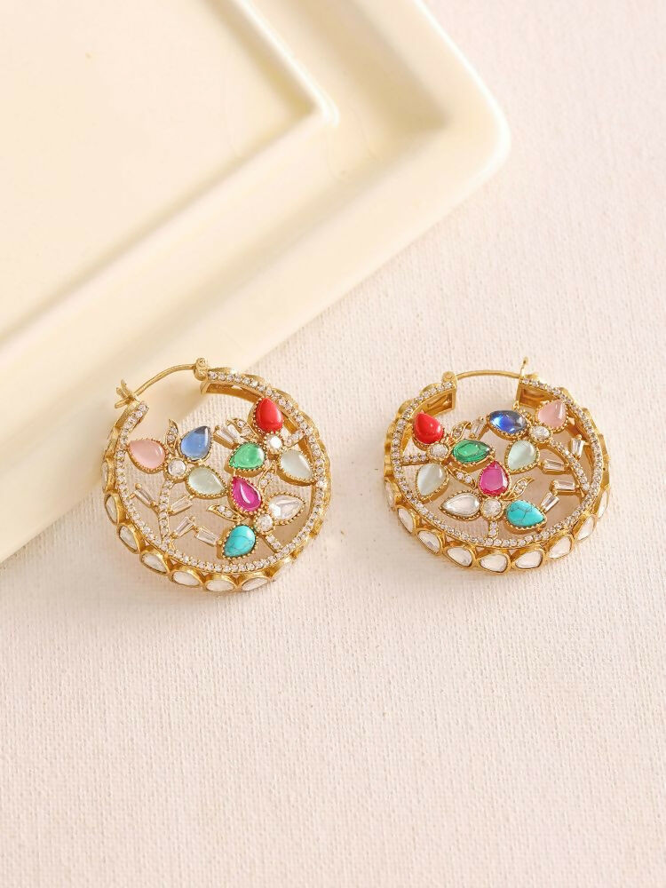 Navratan Round Earrings - Ruby Raang