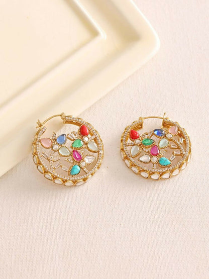 Navratan Round Earrings - Ruby Raang