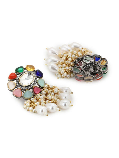 Navaratan Studs with Pearl Drops- Ruby Raang