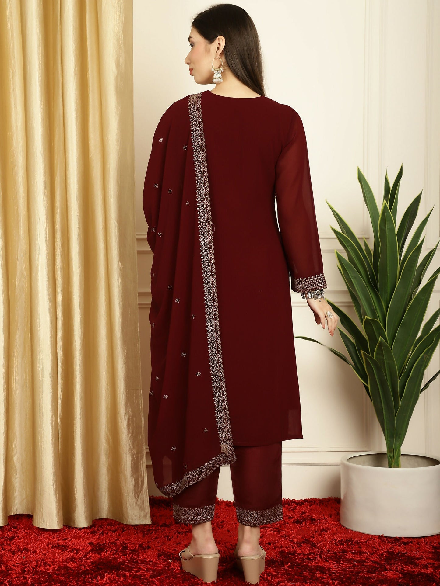 Jyoti Fashion Women's Maroon Georgette Resham Thread & Sequin Kurta with Trouser & Dupatta