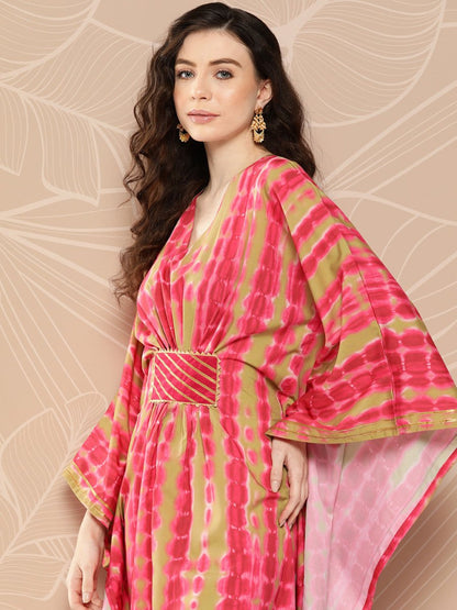 Ahalyaa Women Printed Flared Sleeves Gotta Patti Belted Detail Crepe Kaftan Kurta