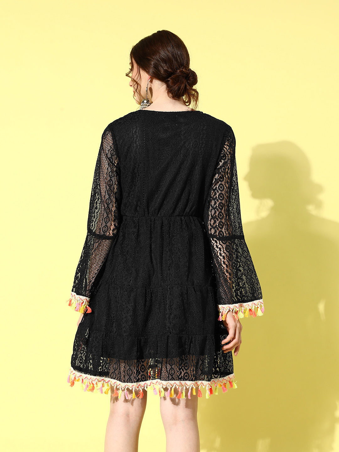 InWeave Women's Black Lacy Dress With Tassles