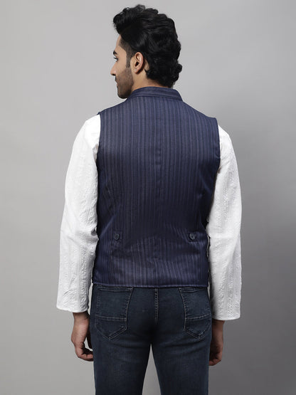 Even Apparels Men's Blue Nehru Jacket With Welt Pockets