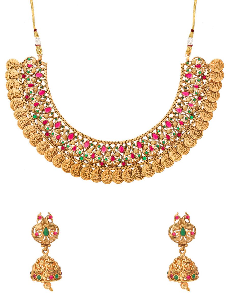Aadita Gold-Polished Green & Pink Stone-Studded & Pearl Beaded Jewellery Set